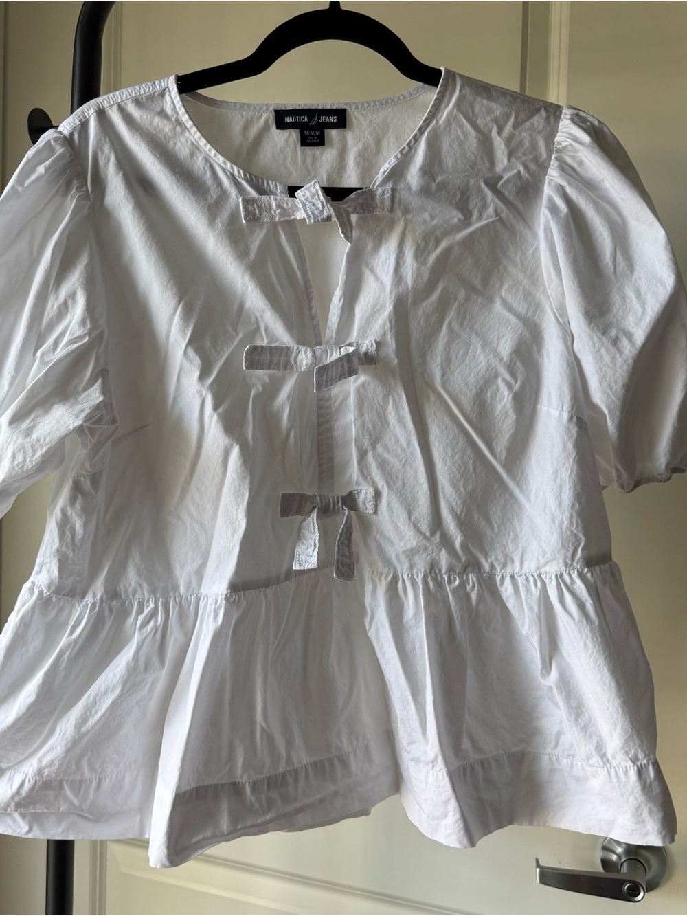 Nautica Jeans Women's Cotton Bow-Front Peplum Puff Sleeve Blouse Top M